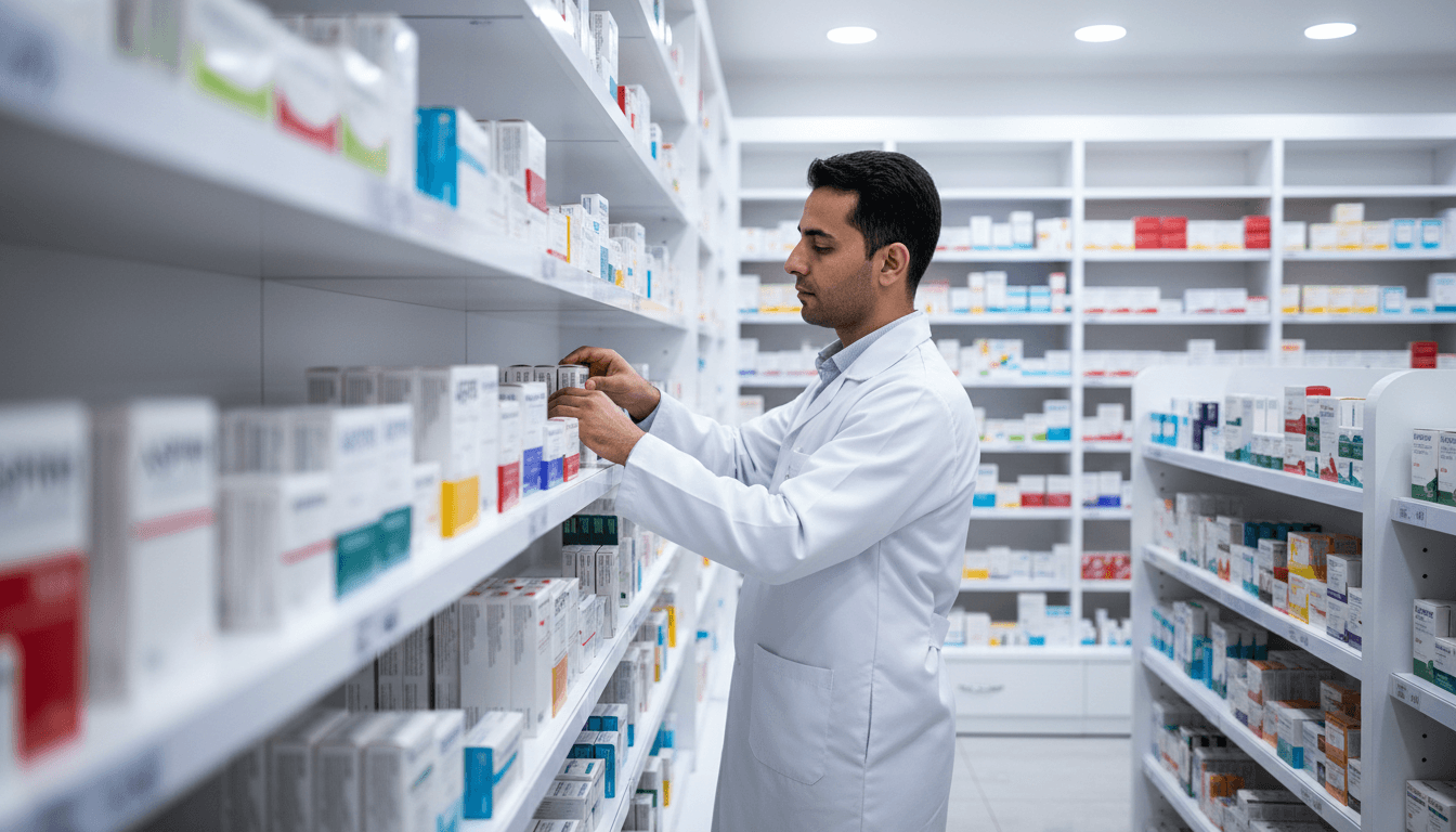 Pharmacist organizing imported European medicines in Baghdad pharmacy