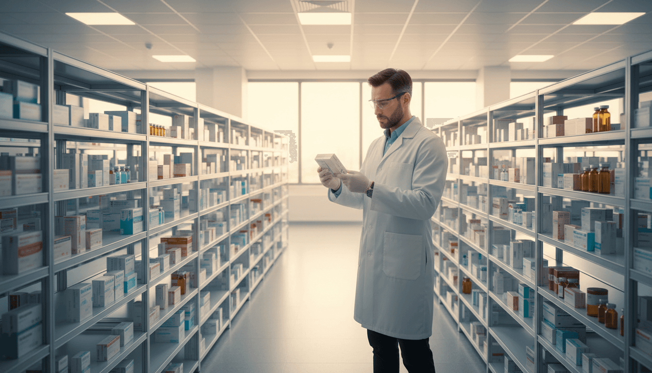 Pharmacist inspecting high-quality European medicines in organized storage facility