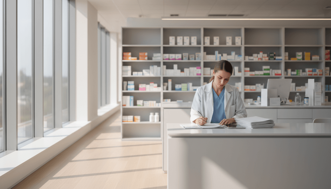 Modern pharmacy workspace with healthcare professional reviewing pharmaceutical materials in a well-lit, organized environment