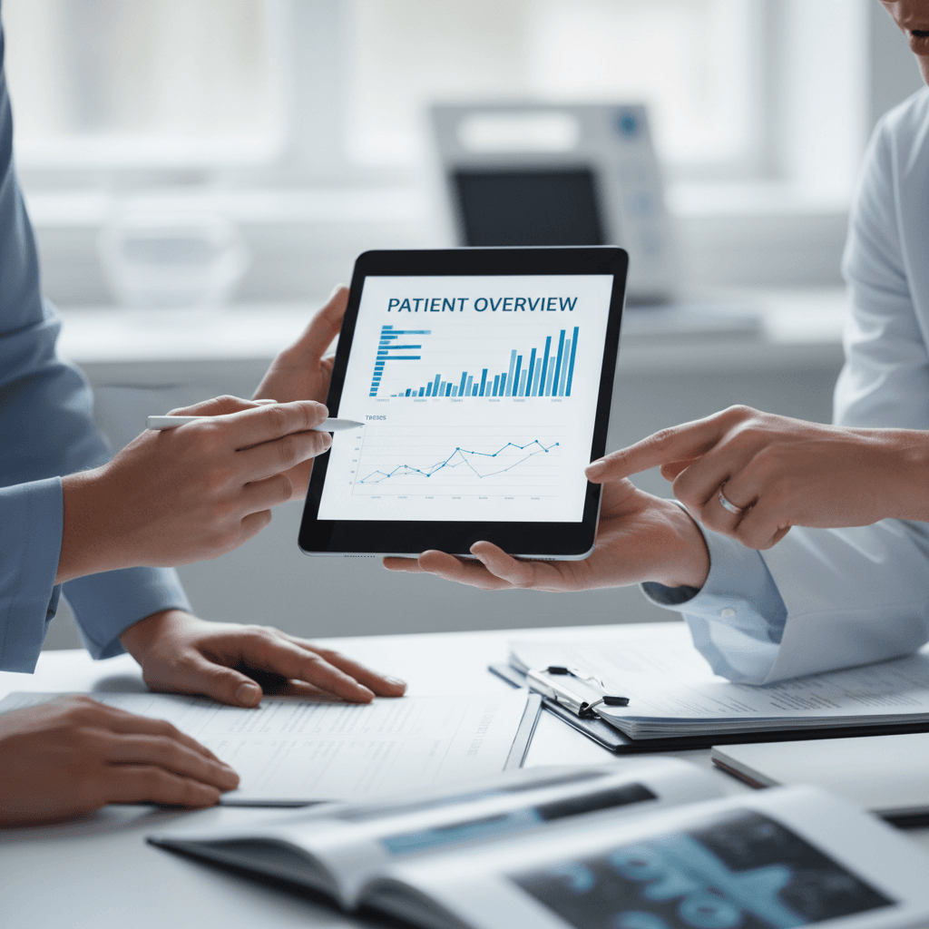 Healthcare providers' hands collaborating on tablet during medical consultation, reviewing patient health information together