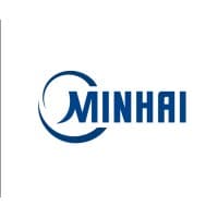 Blue MINHAI logo featuring bold text and a stylized M inside a circular swoosh.