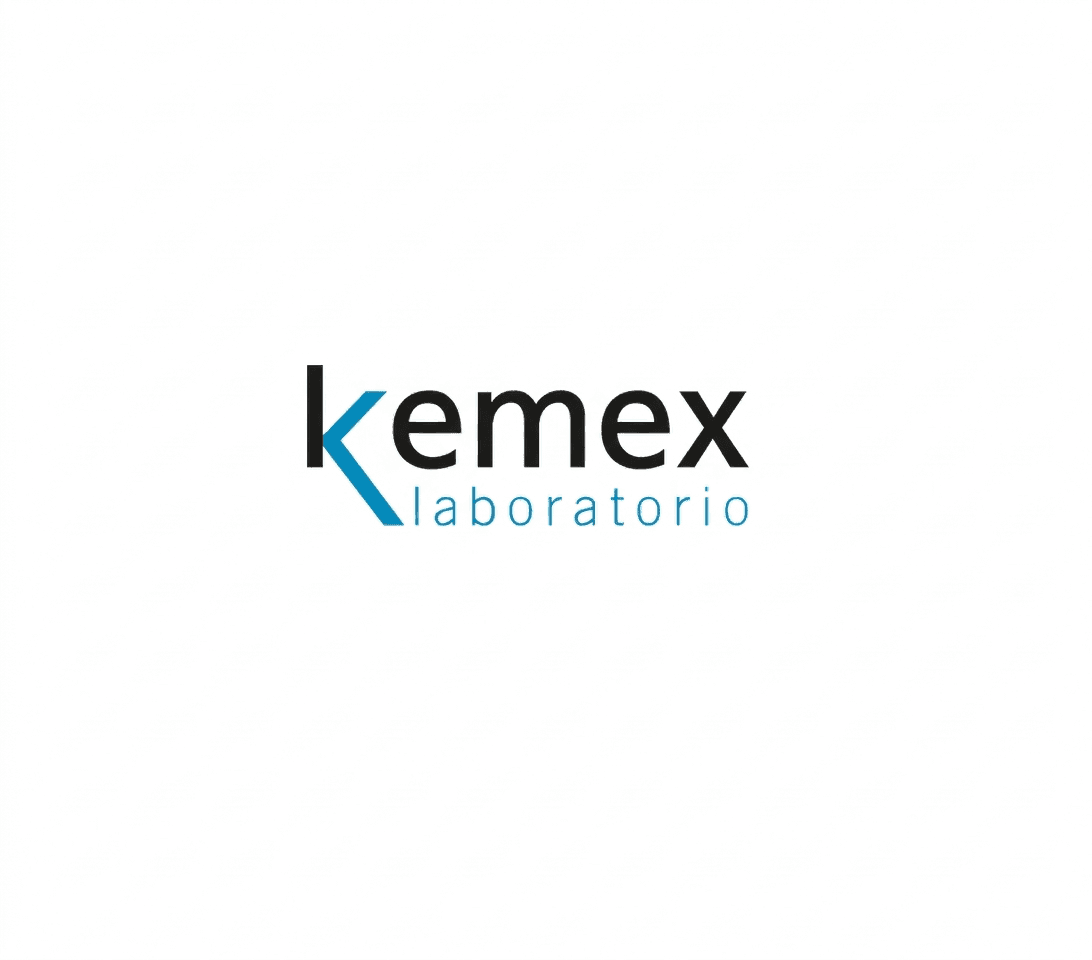 Kemex laboratorio logo with bold black text and a stylized blue letter k on white.